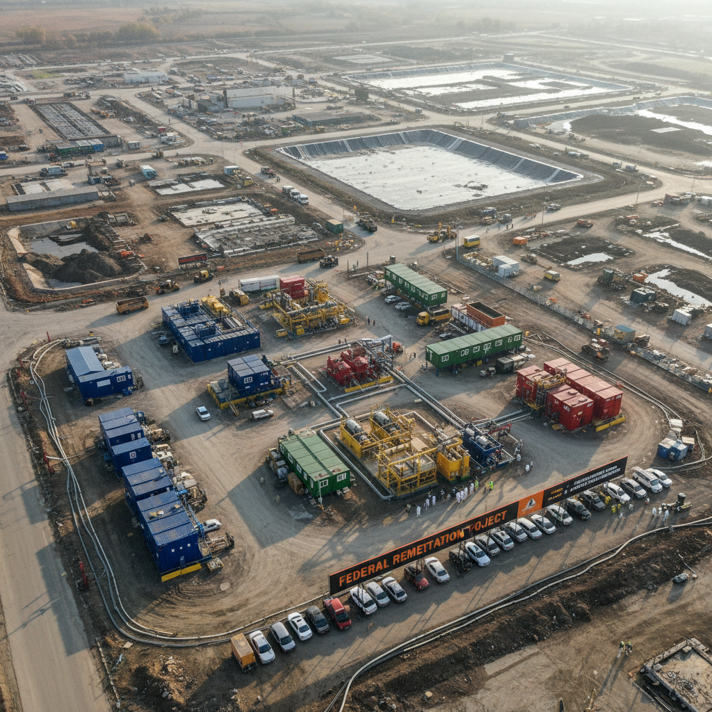 An expansive aerial view of a decommissioned industrial site being remediated, with clearly defined zones of activity marked by color-coded modular equipment, sealed containment units, and mobile treatment skids. The terrain shows a mix of compacted soil pads, concrete foundations, and temporary lined cells, all captured in photographic realism. Late-afternoon natural light casts long, defined shadows, highlighting the geometry of the layout and the orderly planning. The atmosphere is controlled and methodical, emphasizing risk management and compliance. Shot from a high, slightly oblique drone perspective, the composition provides sharp detail across the entire frame, with subtle atmospheric haze in the distance, conveying the scale and professionalism of remediation operations at a federal or regulated facility.