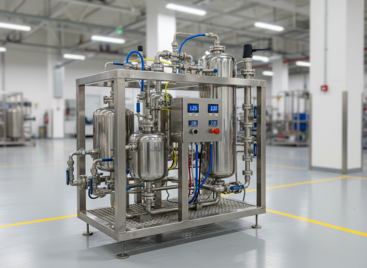 A close-up, photographic realism scene of a specialized mercury remediation pilot system housed in a compact stainless-steel skid. Polished metal vessels, precision valves, color-coded tubing, and digital pressure indicators are meticulously arranged on a grated platform. The skid sits inside a clean, well-lit industrial bay with smooth epoxy-coated flooring and clearly marked safety lines. Neutral white LED task lighting from above creates crisp highlights along pipe runs and soft shadows beneath the equipment, emphasizing texture and engineering detail. The mood is technical and controlled, suggesting validated, field-ready innovation. Captured from a slightly low angle with a medium focal length, the composition centers on the skid while the background industrial bay softly recedes, reinforcing focus on commercialization-ready technology.