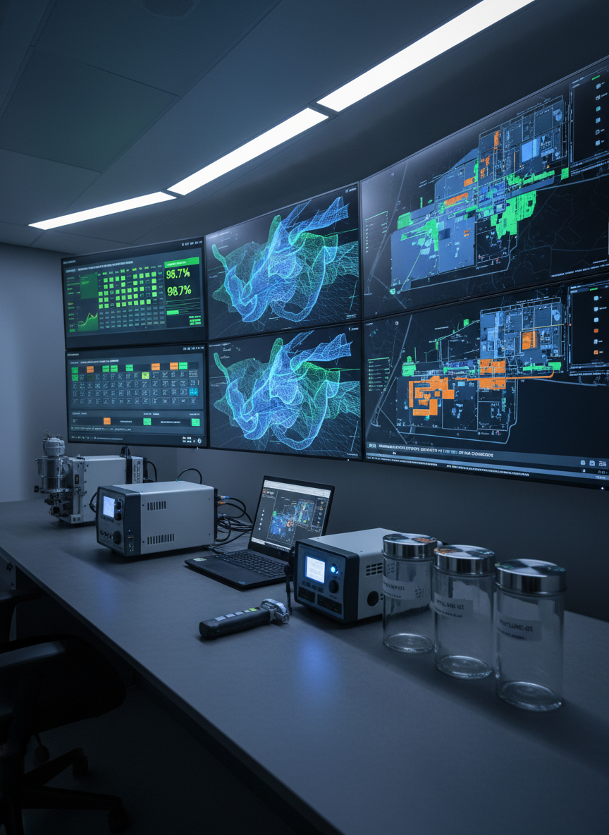 A high-tech laboratory control room with multiple large, wall-mounted monitors displaying detailed 3D models of subsurface mercury plumes, compliance dashboards, and real-time remediation progress maps. In the foreground, a sleek dark-gray workstation surface holds ruggedized scientific instruments, neatly labeled sample canisters, and a slim industrial laptop, all rendered with photographic realism. Cool, diffused overhead LED lighting creates crisp reflections on metal surfaces and soft shadows on the console. The mood is professional, precise, and data-driven. Shot at eye level with a wide-angle lens, the composition follows the rule of thirds, keeping the primary monitor cluster in sharp focus while the surrounding equipment gently blurs, emphasizing a clean, modern technology-remediation environment.