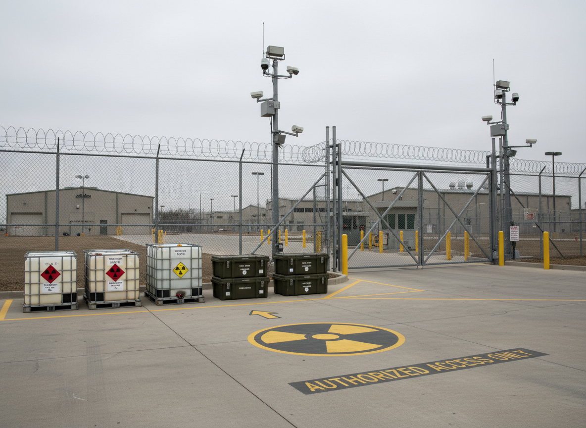 A secure federal installation gate seen from inside the perimeter, with robust perimeter fencing, surveillance towers, and a distant cluster of low industrial buildings, all rendered in photographic realism. In the foreground, clearly labeled hazardous materials transport containers and sealed equipment cases sit neatly on a concrete loading apron with bright regulatory markings stenciled underfoot. Overcast daylight provides even, diffused illumination, minimizing harsh shadows and creating a serious, compliant atmosphere. Shot at eye level with a moderate depth of field, the composition keeps the containers and regulatory markings in sharp focus while the distant structures and towers soften slightly. The overall mood is disciplined, security-conscious, and aligned with the complex regulatory context of remediation at federal facilities.